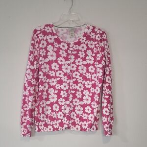 L.L. BEAN Pink White Cotton Floral Cardigan 0JBX8